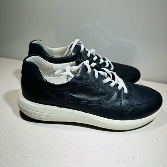 ECCO WOMENS SIZE 8 SOFT 7 BLACK LEATHER LACE UP SNEAKERS SHOES - Picture 2 of 9